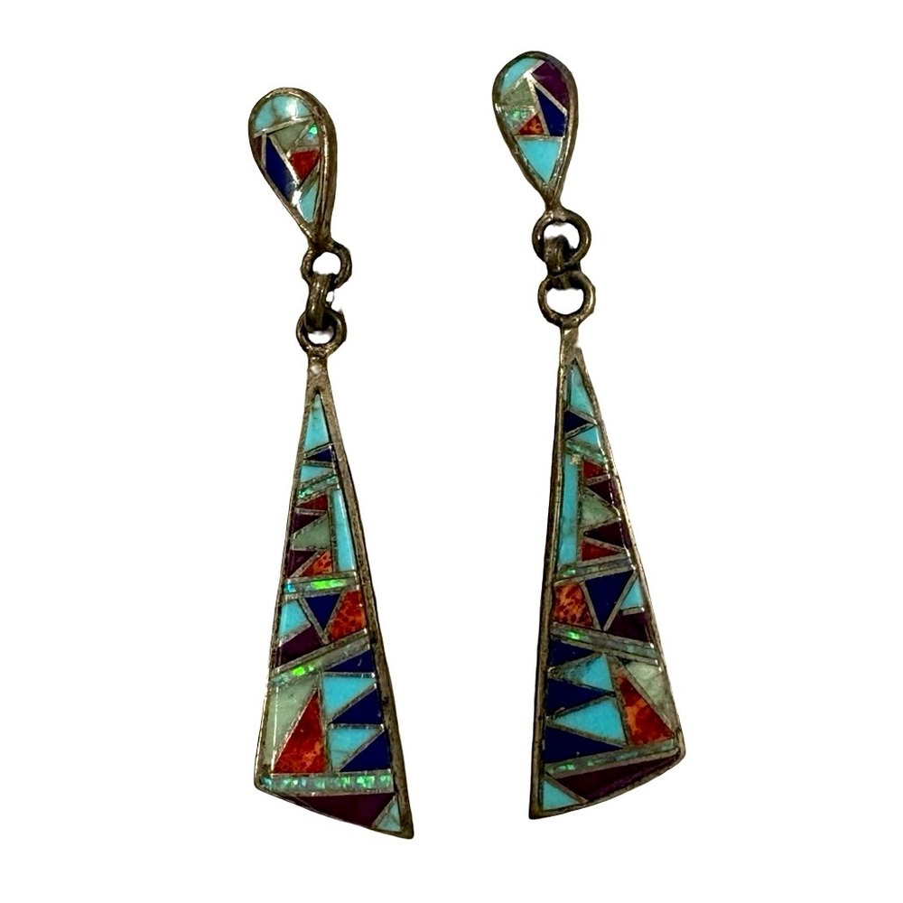 Vintage Sterling Silver Inlay Geometric Dangle Earrings Turquoise Coral Lapis